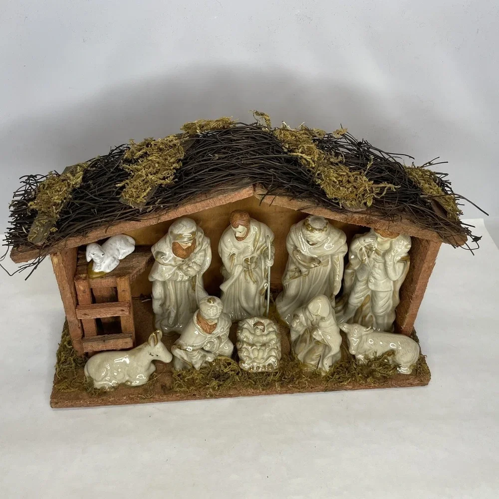 Nativity Set Porcelain Fixed Figures Wooden Creche C7699 In Box Appx 12